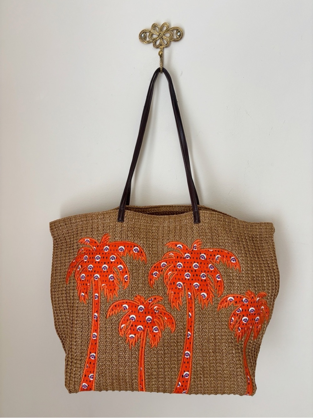Vera Bradley Orange Palm Tree Applique Rio Rosie Straw Tote Bag 20" X 13"